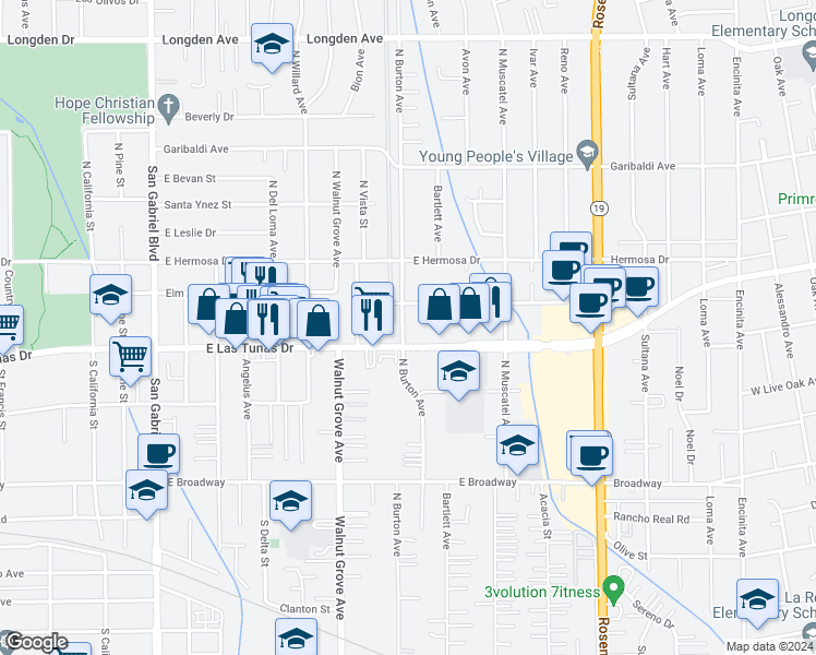 map of restaurants, bars, coffee shops, grocery stores, and more near 114 North Burton Avenue in San Gabriel