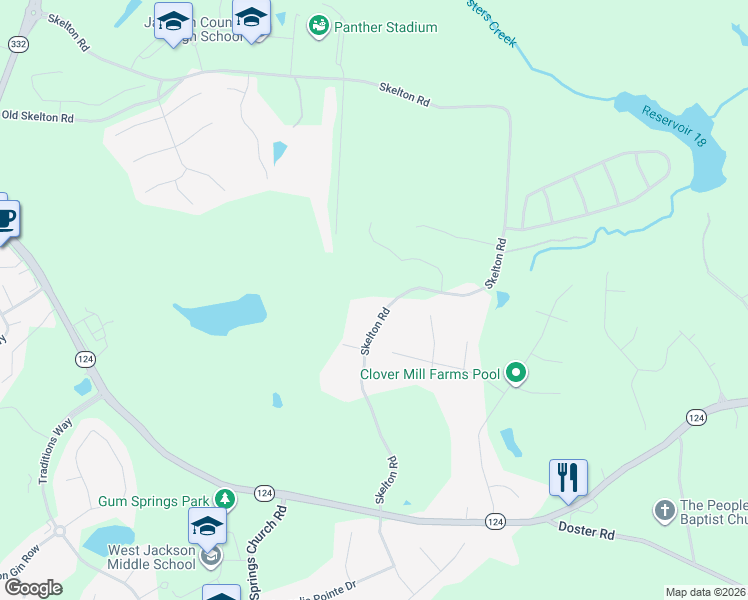 map of restaurants, bars, coffee shops, grocery stores, and more near 565 Skelton Road in Hoschton