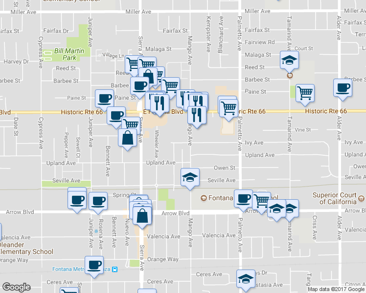 map of restaurants, bars, coffee shops, grocery stores, and more near 17075 Ivy Avenue in Fontana