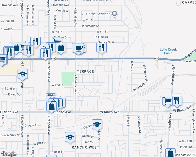 map of restaurants, bars, coffee shops, grocery stores, and more near 2661 2nd Street in San Bernardino