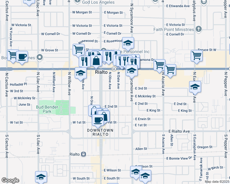 map of restaurants, bars, coffee shops, grocery stores, and more near 247 North Olive Avenue in Rialto