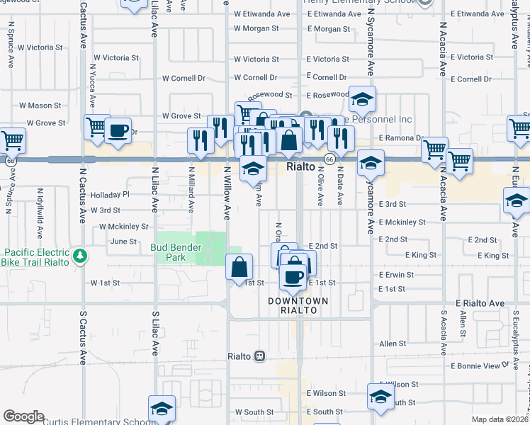 map of restaurants, bars, coffee shops, grocery stores, and more near 244 North Orange Avenue in Rialto