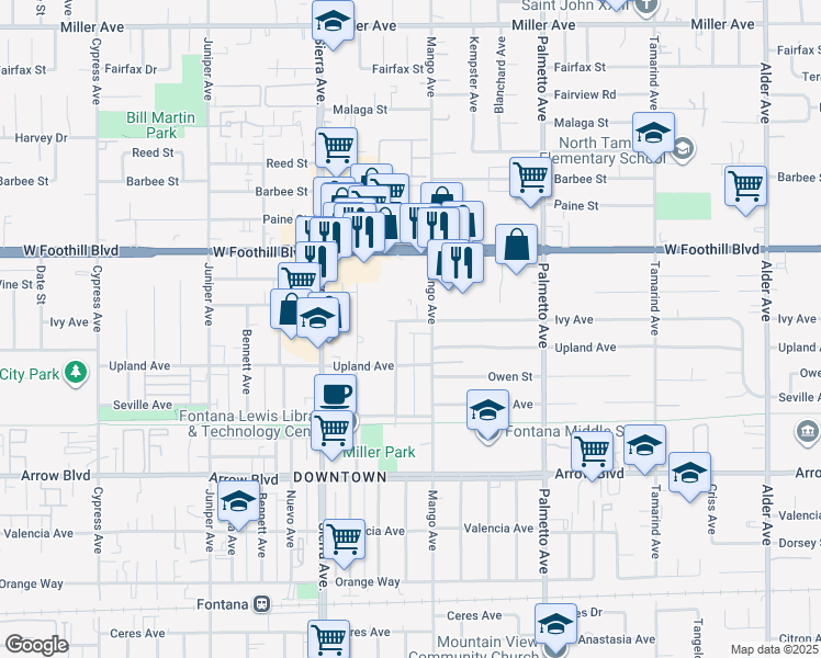 map of restaurants, bars, coffee shops, grocery stores, and more near 17075 Ivy Avenue in Fontana