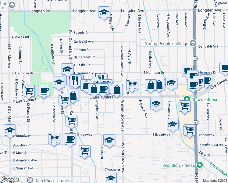 map of restaurants, bars, coffee shops, grocery stores, and more near 5712 North Willard Avenue in San Gabriel
