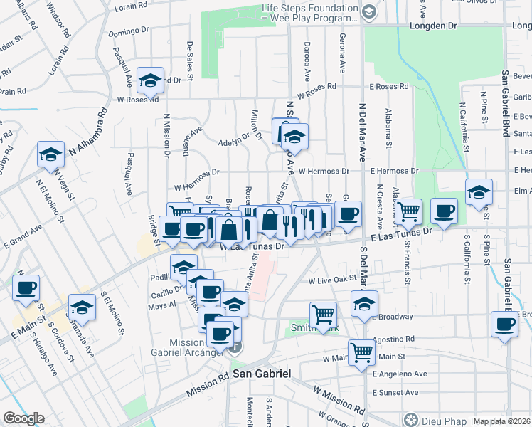 map of restaurants, bars, coffee shops, grocery stores, and more near 430 West Gurdon Avenue in San Gabriel