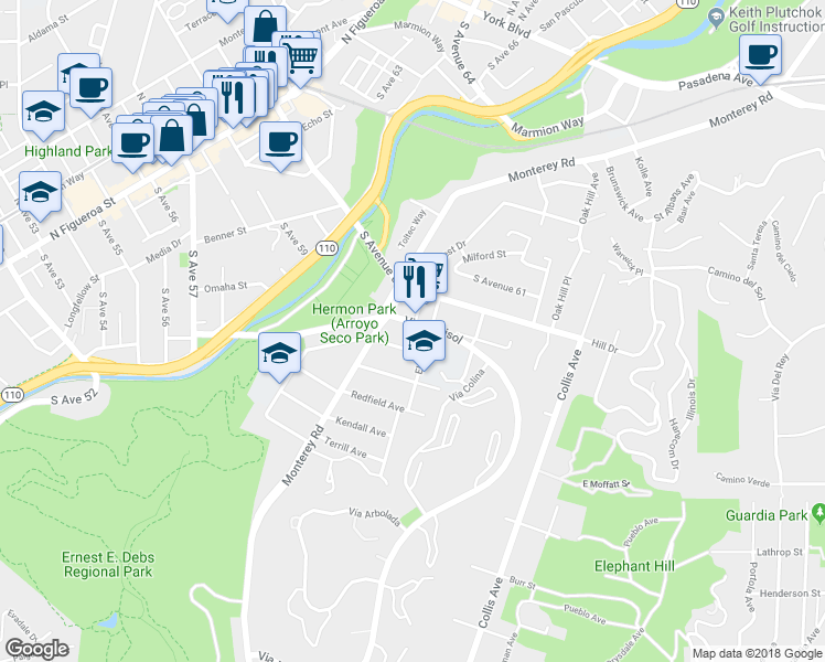 map of restaurants, bars, coffee shops, grocery stores, and more near 5301 Via Marisol in Los Angeles