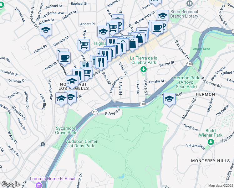 map of restaurants, bars, coffee shops, grocery stores, and more near 5208 Longfellow Street in Los Angeles