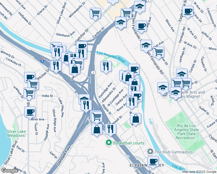 map of restaurants, bars, coffee shops, grocery stores, and more near 2833 Partridge Avenue in Los Angeles