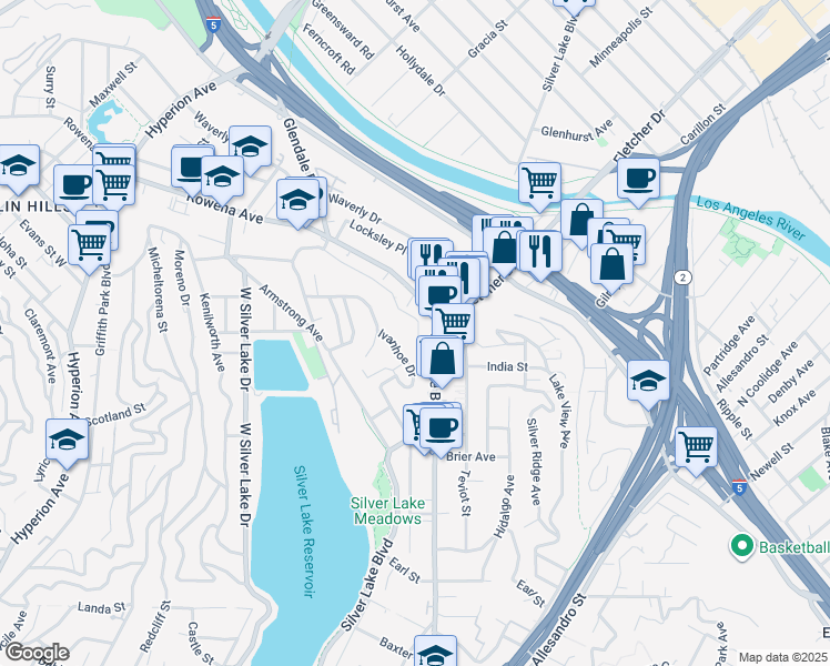 map of restaurants, bars, coffee shops, grocery stores, and more near 2524 Ivan Hill Terrace in Los Angeles