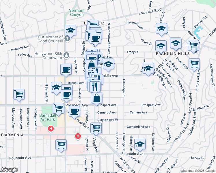 map of restaurants, bars, coffee shops, grocery stores, and more near 1801 North Commonwealth Avenue in Los Angeles