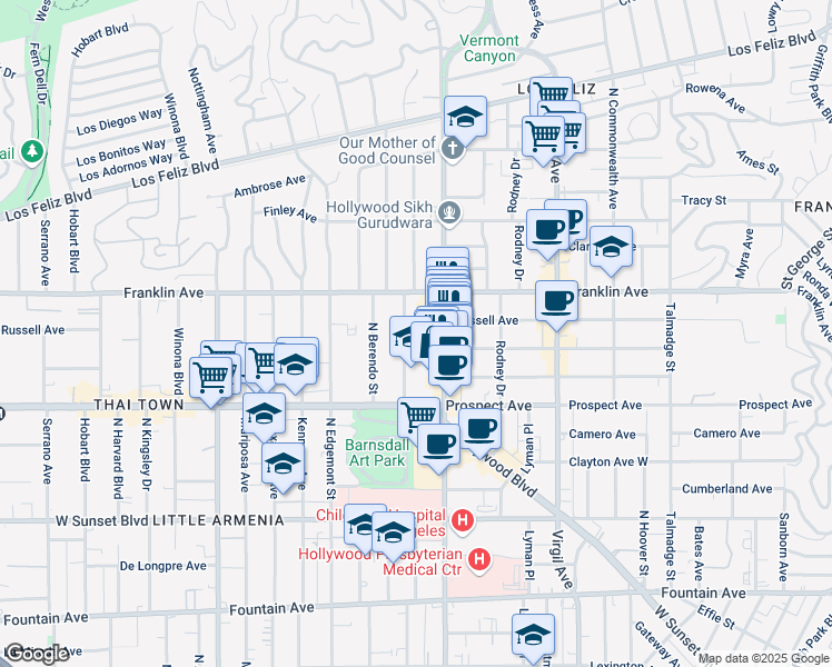 map of restaurants, bars, coffee shops, grocery stores, and more near 1818 North New Hampshire Avenue in Los Angeles