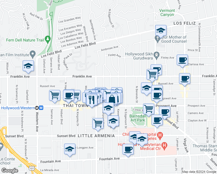 map of restaurants, bars, coffee shops, grocery stores, and more near 1816 North Mariposa Avenue in Los Angeles