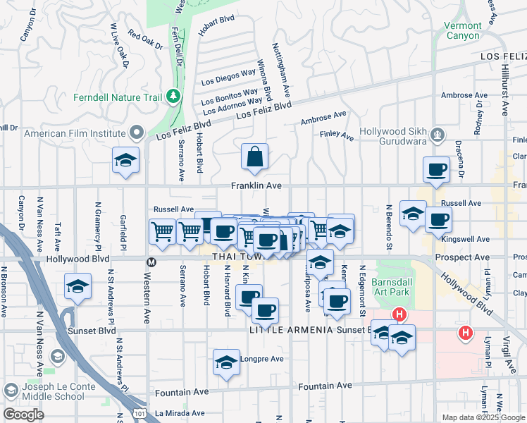 map of restaurants, bars, coffee shops, grocery stores, and more near 1820 3/4 Winona Boulevard in Los Angeles