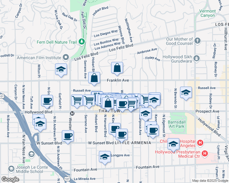 map of restaurants, bars, coffee shops, grocery stores, and more near 1813 North Kingsley Drive in Los Angeles