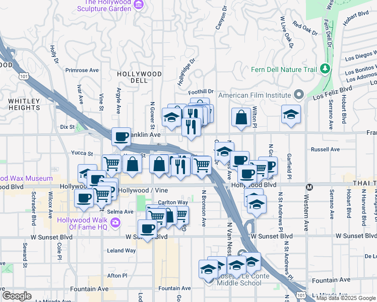 map of restaurants, bars, coffee shops, grocery stores, and more near 1811 Tamarind Avenue in Los Angeles