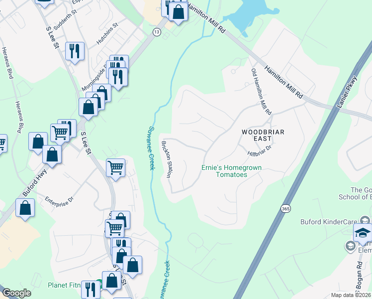 map of restaurants, bars, coffee shops, grocery stores, and more near 1690 Brickton Station in Buford
