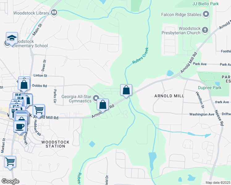 map of restaurants, bars, coffee shops, grocery stores, and more near 312 Thistle Court in Woodstock