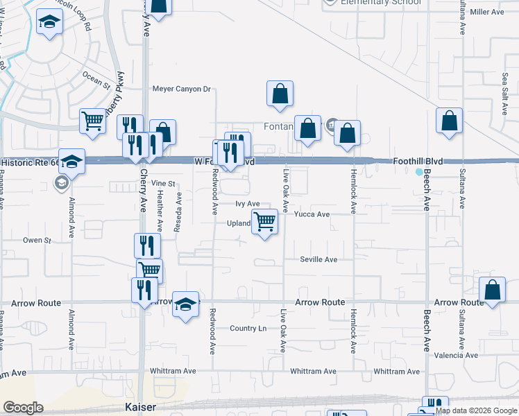 map of restaurants, bars, coffee shops, grocery stores, and more near 14827 Ivy Avenue in Fontana