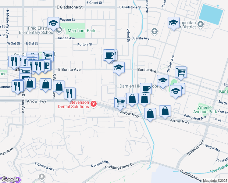 map of restaurants, bars, coffee shops, grocery stores, and more near 275 South San Dimas Canyon Road in San Dimas
