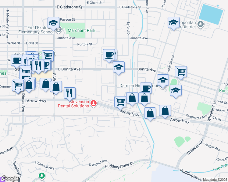 map of restaurants, bars, coffee shops, grocery stores, and more near 275 South San Dimas Canyon Road in San Dimas