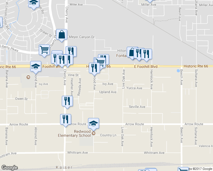 map of restaurants, bars, coffee shops, grocery stores, and more near 14783 Ivy Avenue in Fontana