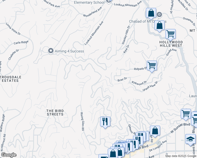 map of restaurants, bars, coffee shops, grocery stores, and more near 1943 Sunset Plaza Drive in Los Angeles