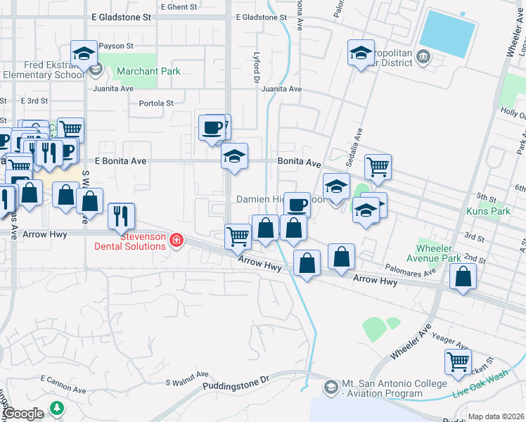 map of restaurants, bars, coffee shops, grocery stores, and more near 751 Vía Los Santos in San Dimas