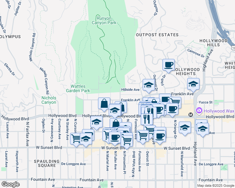 map of restaurants, bars, coffee shops, grocery stores, and more near 1823 North Fuller Avenue in Los Angeles