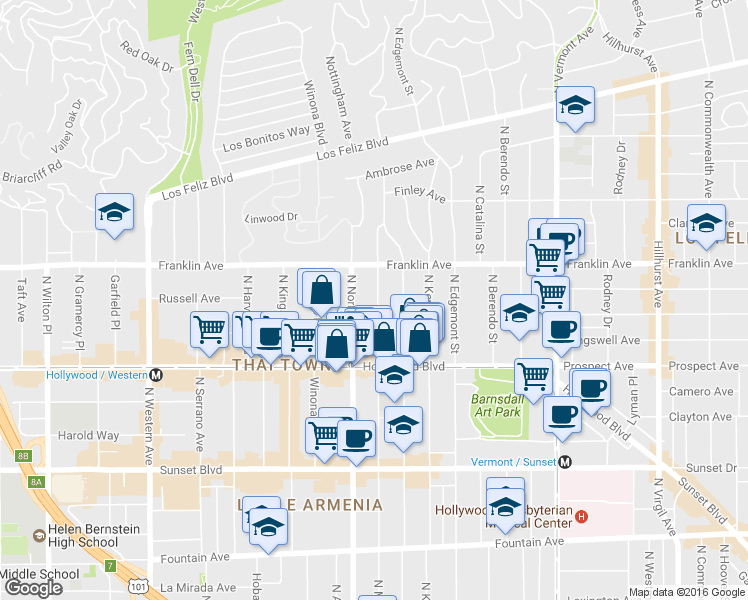 map of restaurants, bars, coffee shops, grocery stores, and more near 1823 North Mariposa Avenue in Los Angeles