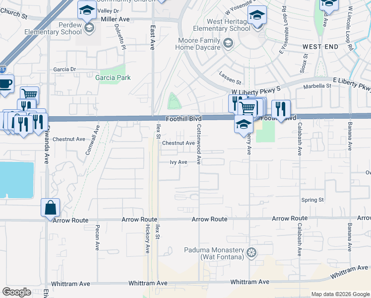 map of restaurants, bars, coffee shops, grocery stores, and more near in Fontana