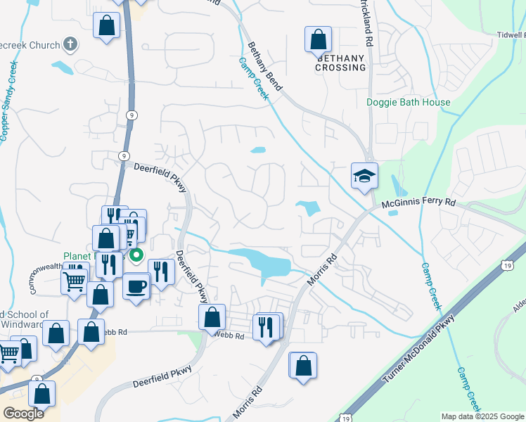 map of restaurants, bars, coffee shops, grocery stores, and more near 3471 Avensong Village Circle in Alpharetta