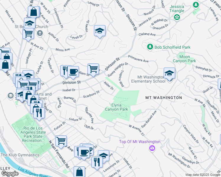 map of restaurants, bars, coffee shops, grocery stores, and more near 1818 Alder Drive in Los Angeles