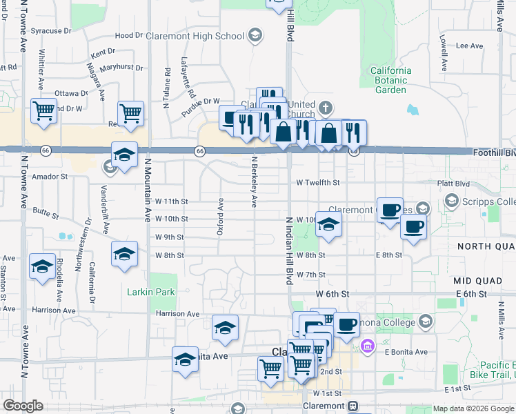 map of restaurants, bars, coffee shops, grocery stores, and more near 470 West 11th Street in Claremont
