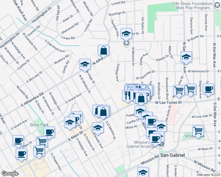 map of restaurants, bars, coffee shops, grocery stores, and more near Champion Place in Alhambra