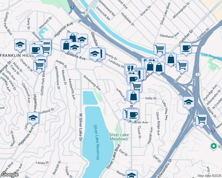 map of restaurants, bars, coffee shops, grocery stores, and more near 2638 Lake View Terrace East in Los Angeles