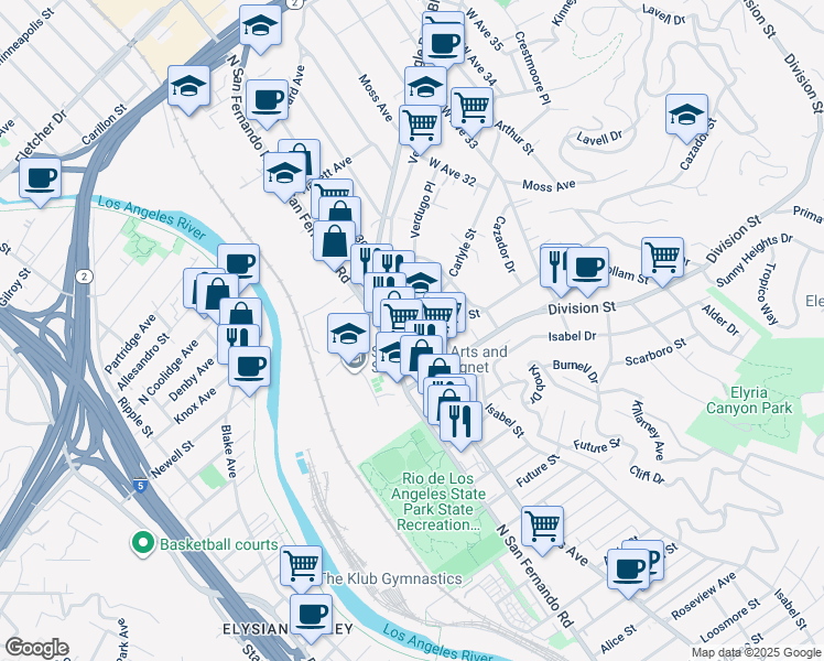 map of restaurants, bars, coffee shops, grocery stores, and more near 2206 West Avenue 30 in Los Angeles