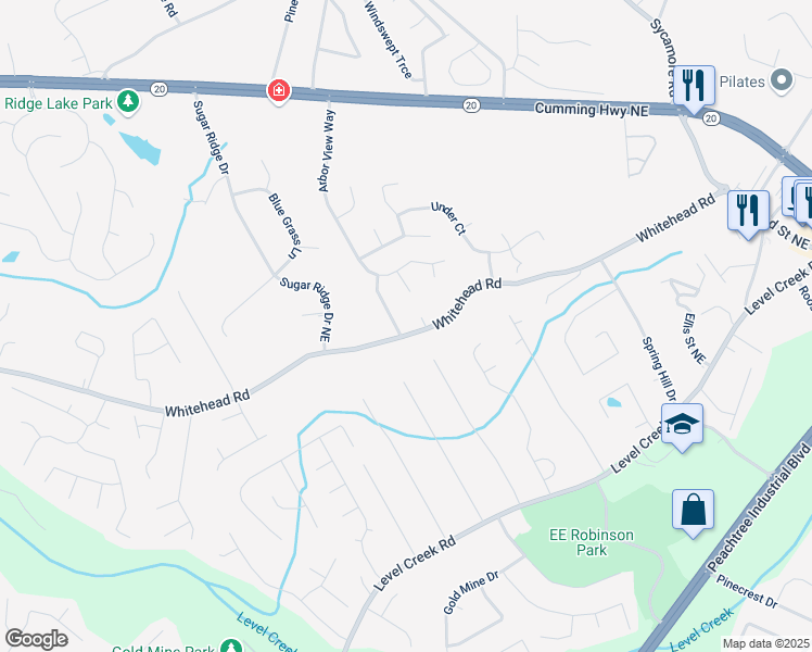 map of restaurants, bars, coffee shops, grocery stores, and more near 758 Whitehead Road in Sugar Hill