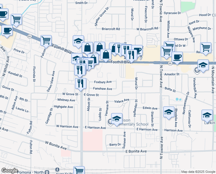 map of restaurants, bars, coffee shops, grocery stores, and more near 323 Fanshaw Avenue in Pomona