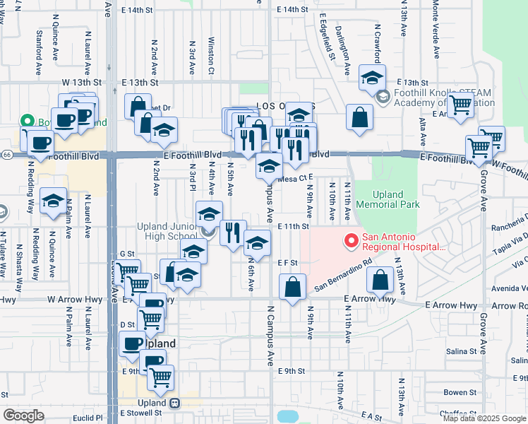 map of restaurants, bars, coffee shops, grocery stores, and more near 839 North Campus Avenue in Upland