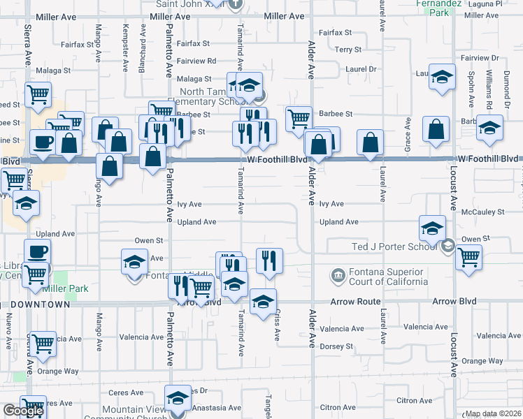 map of restaurants, bars, coffee shops, grocery stores, and more near 17555 Ivy Avenue in Fontana