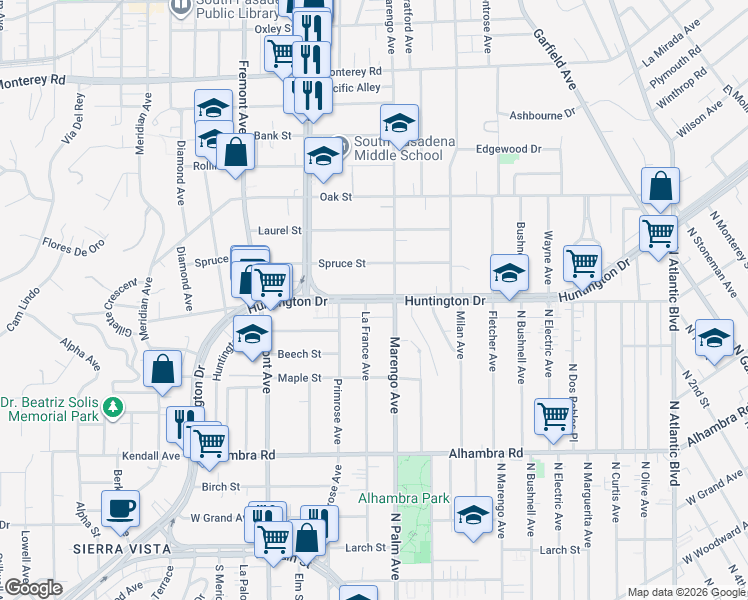 map of restaurants, bars, coffee shops, grocery stores, and more near Huntington Drive South in Los Angeles