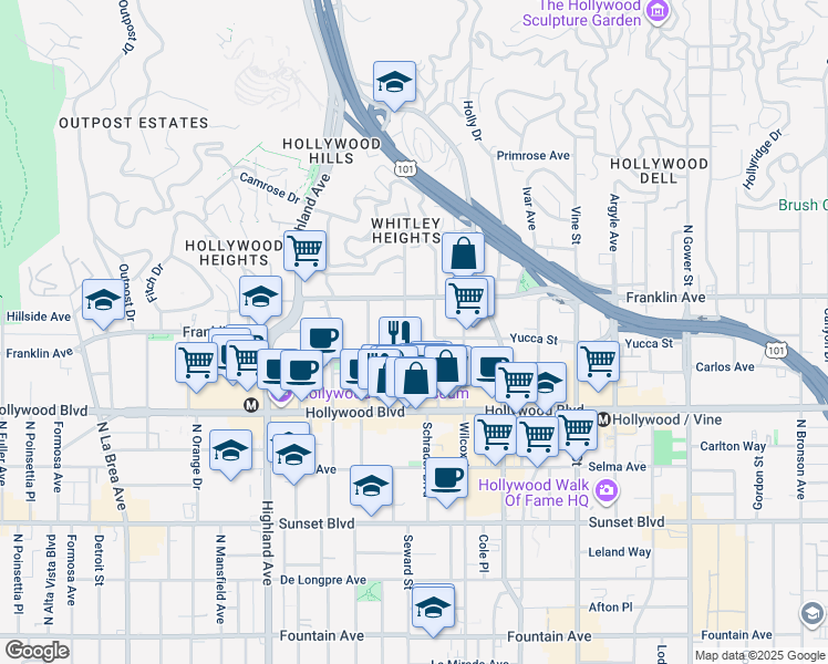 map of restaurants, bars, coffee shops, grocery stores, and more near 1820 Whitley Avenue in Los Angeles