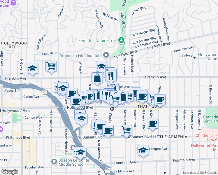 map of restaurants, bars, coffee shops, grocery stores, and more near 1825 North Western Avenue in Los Angeles