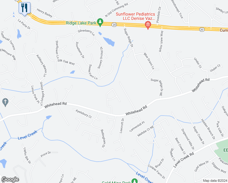 map of restaurants, bars, coffee shops, grocery stores, and more near 5438 Silver Springs Drive in Buford