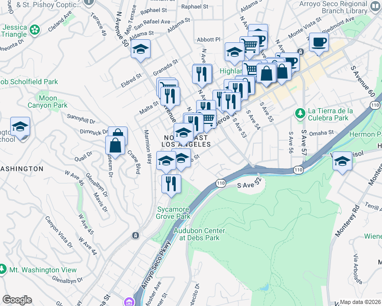 map of restaurants, bars, coffee shops, grocery stores, and more near 2 South Avenue 50 in Los Angeles