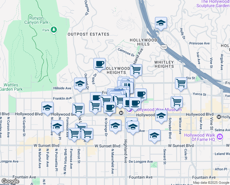 map of restaurants, bars, coffee shops, grocery stores, and more near Franklin Ave & Orchid Ave in Los Angeles