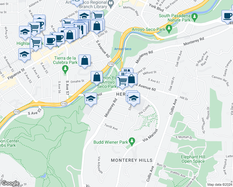 map of restaurants, bars, coffee shops, grocery stores, and more near 5805 Monterey Road in Los Angeles
