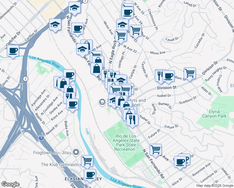 map of restaurants, bars, coffee shops, grocery stores, and more near 2211 North San Fernando Road in Los Angeles