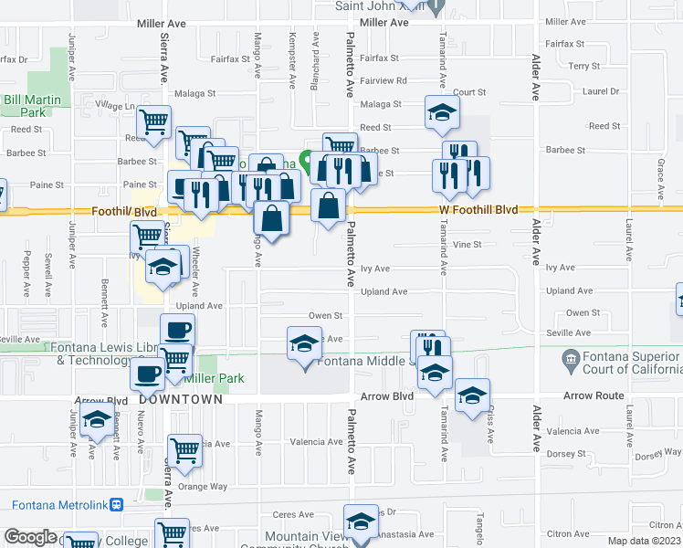 map of restaurants, bars, coffee shops, grocery stores, and more near 17281 Ivy Avenue in Fontana
