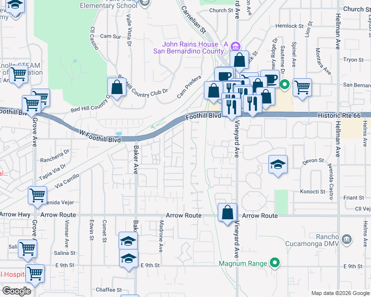 map of restaurants, bars, coffee shops, grocery stores, and more near 8715 Timberwood Court in Rancho Cucamonga
